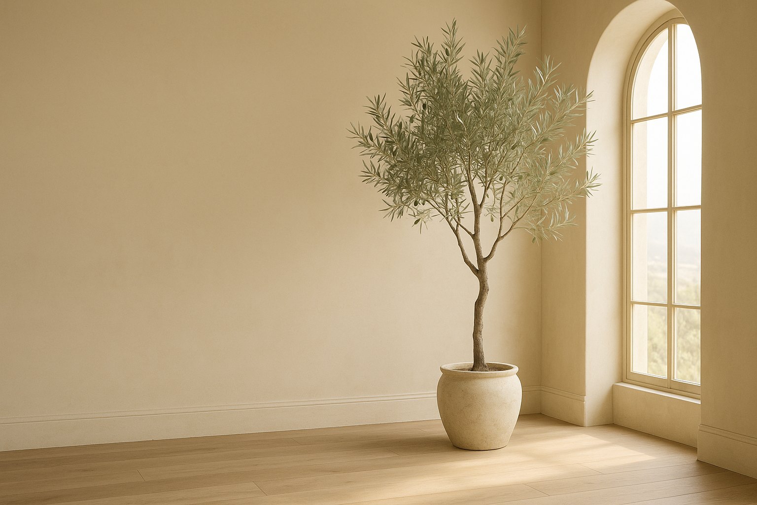 The Gethsemane Olive Tree standing in a sunlit room