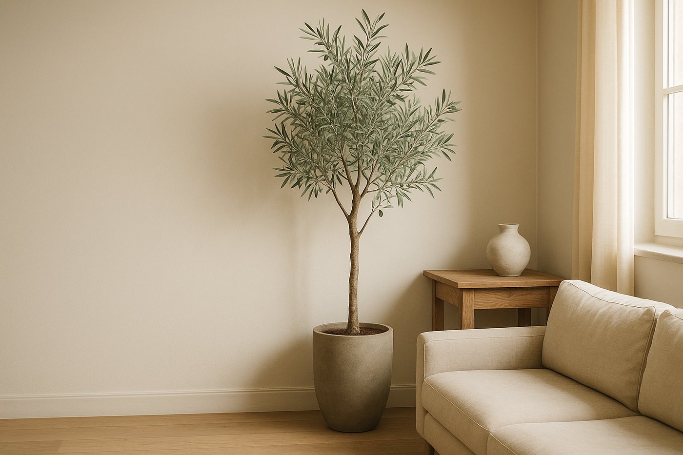 The olive tree beside a sofa in a quiet living room