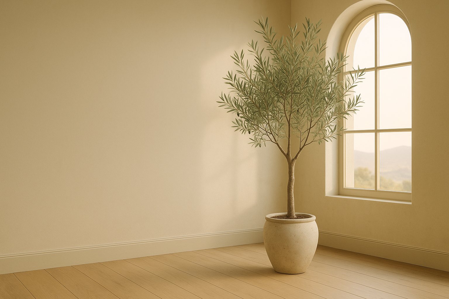 The olive tree in a room with an arched window