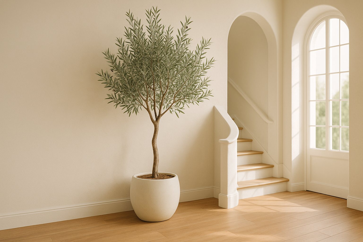 The olive tree beside a staircase in a bright hallway