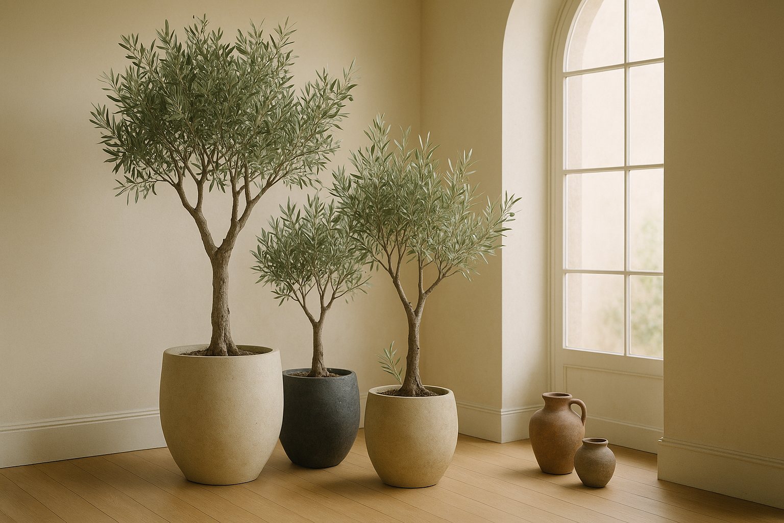 A group of olive trees and vessels in a bright room